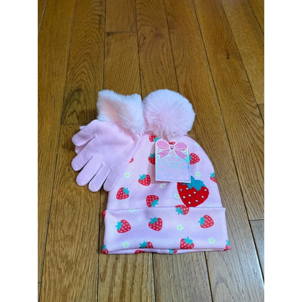 Miss Gwen's OMG Accessories Pink Strawberry Pom Beanie and Gloves Set Kids‎ NWT